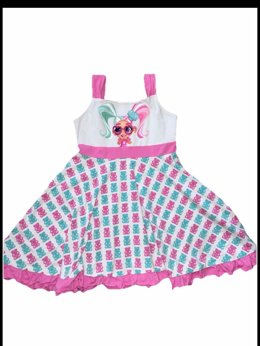 PatPat Hairdorables  Pink White Blue Cartoon Gummy Bear Print Girls Casual Dress
